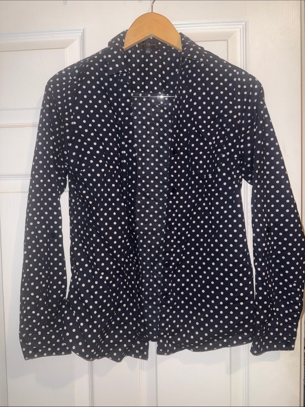 Navy Blue Polka Dot Button-Up Blouse